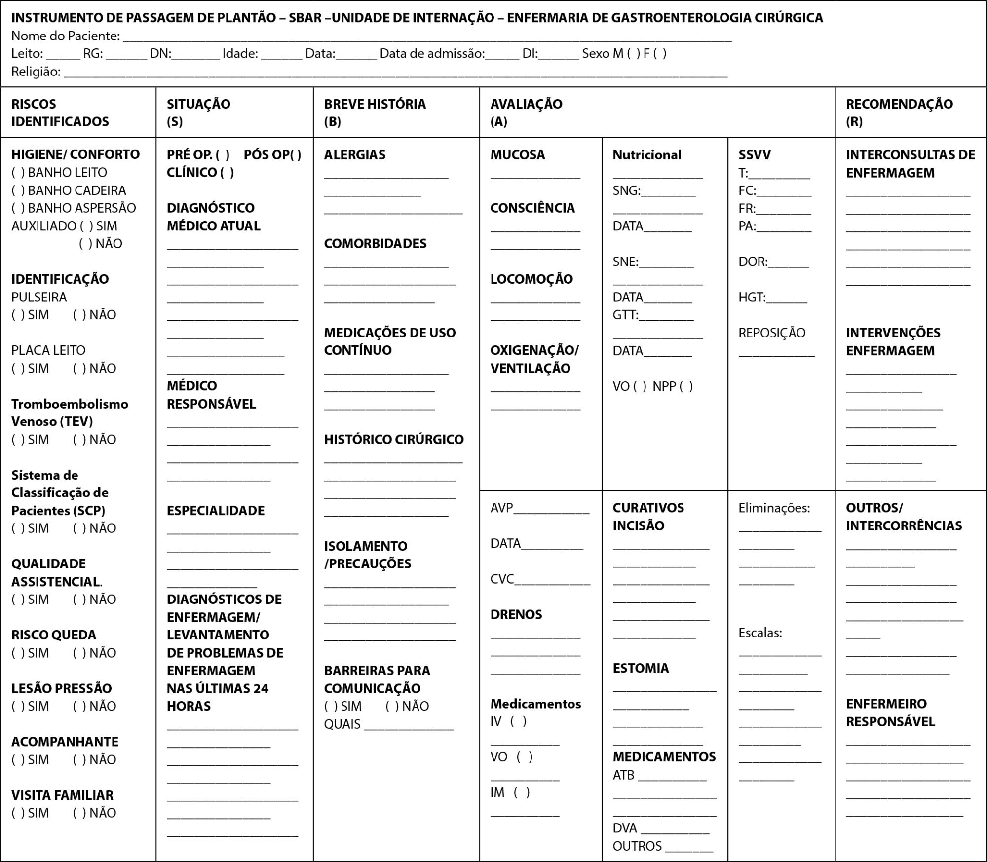 Instrumento de passagem de plantão da equipe de enfermagem – SBAR (Situation-Background-Assessment-Recommendation): validação e aplicação